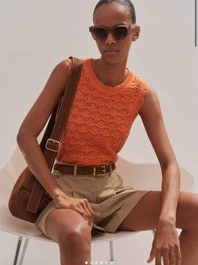 ME+EM Orange Cotton Lace Stitch Knit Vest with delicately detailed. Sz M